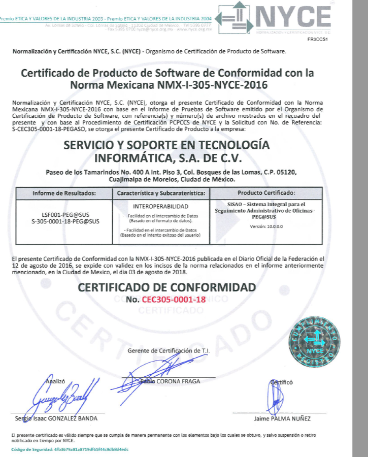 Certificado de Conformidad NMX-I-305-NYCE-2016 N.º CEC305-0001-18 otorgado a Peg@sus